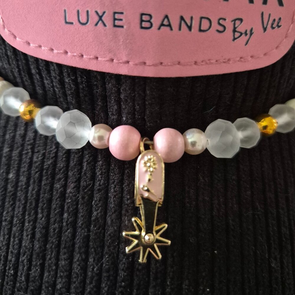 Handmade Western Beaded Hat Band Pink/Gold w/ Spur Charm